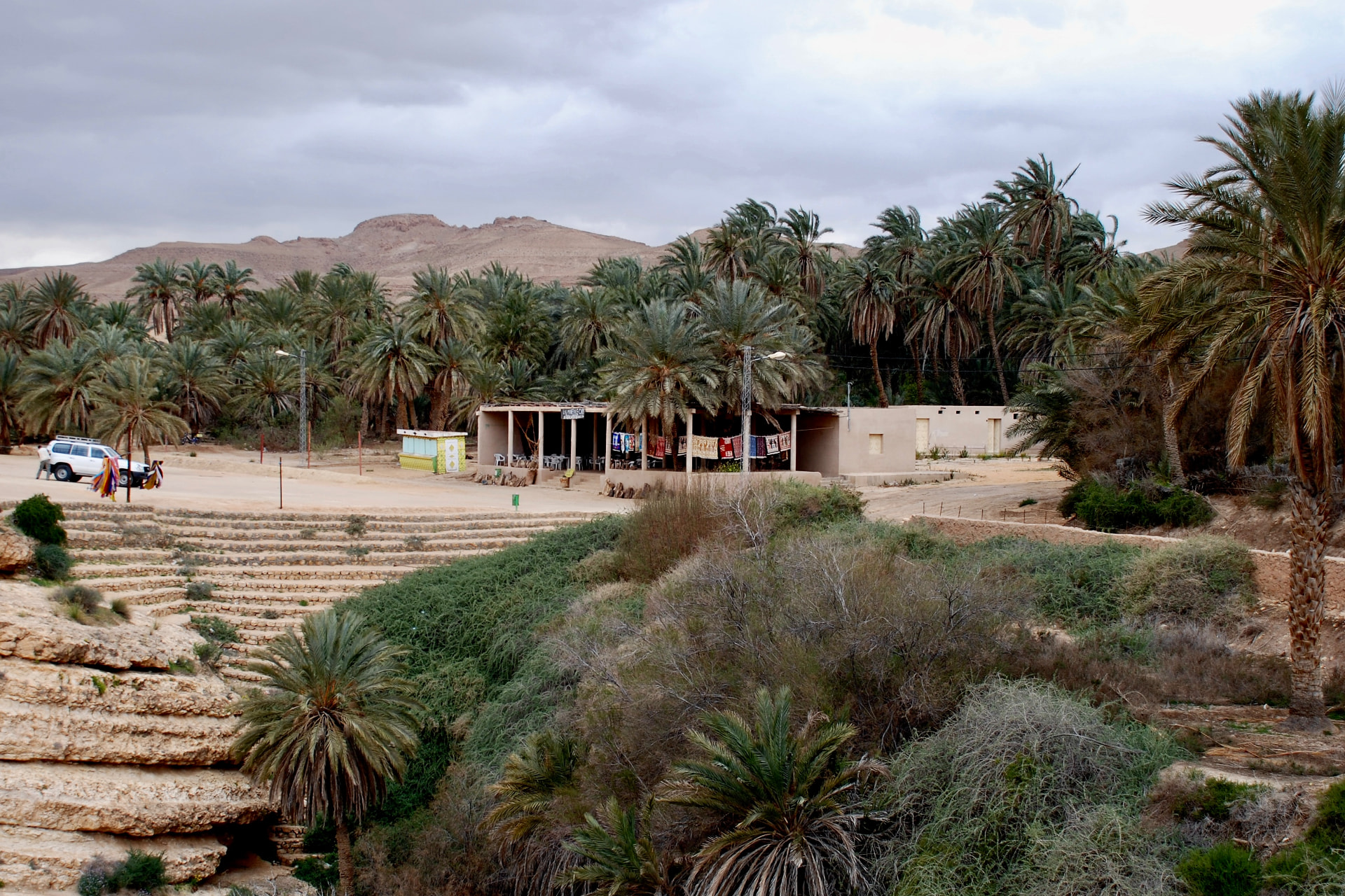 Palmenoase mit Café und Teppichständen vor der Kulisse des Jebel