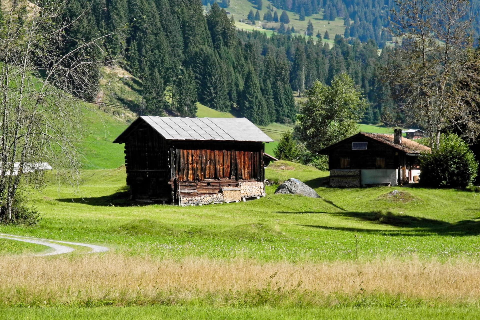 Holzhütten am Rand der Wiese